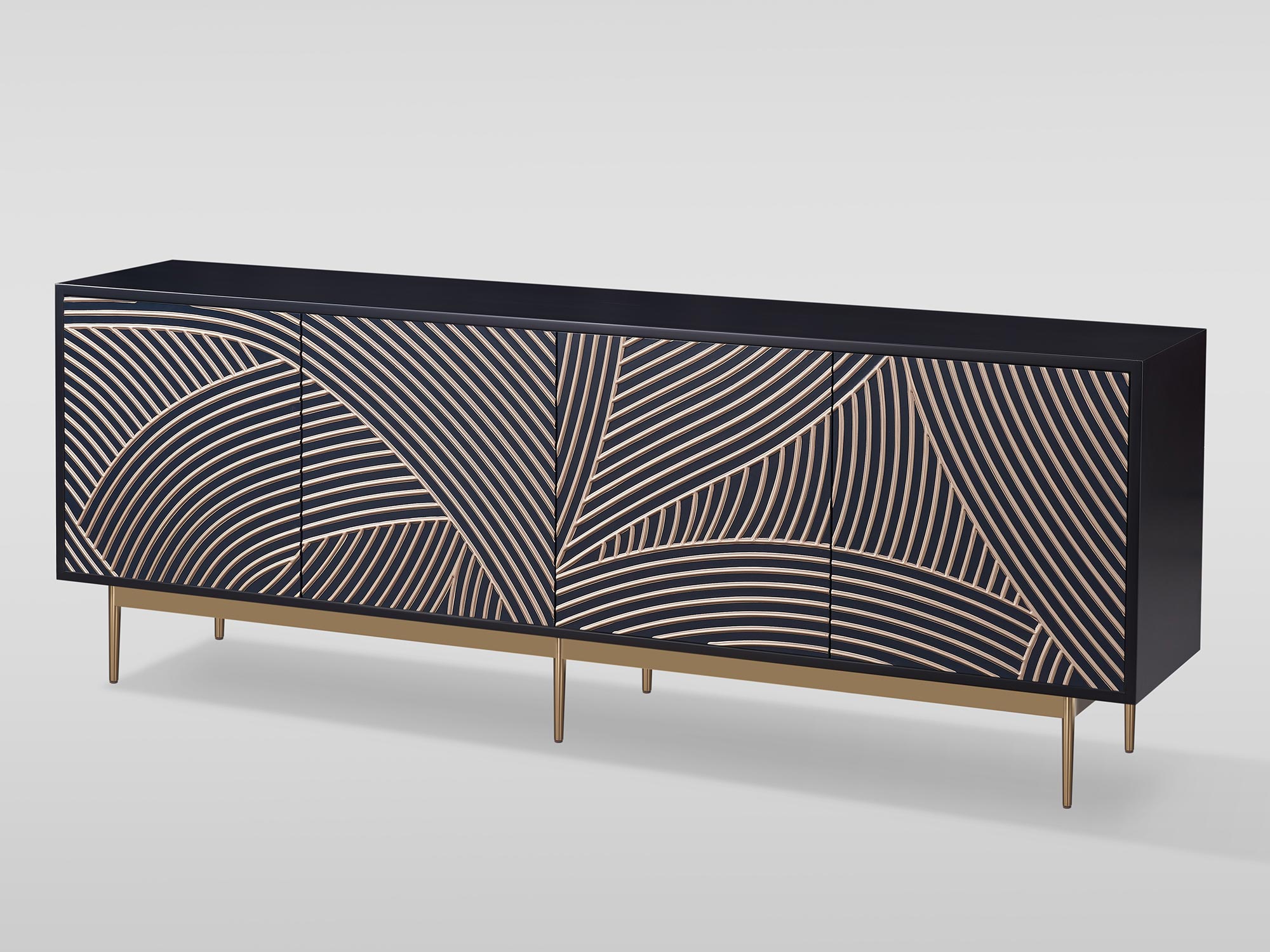 Designerska komoda w kolorze ciemnogranatowym z rzeźbionym frontem geometrycznym