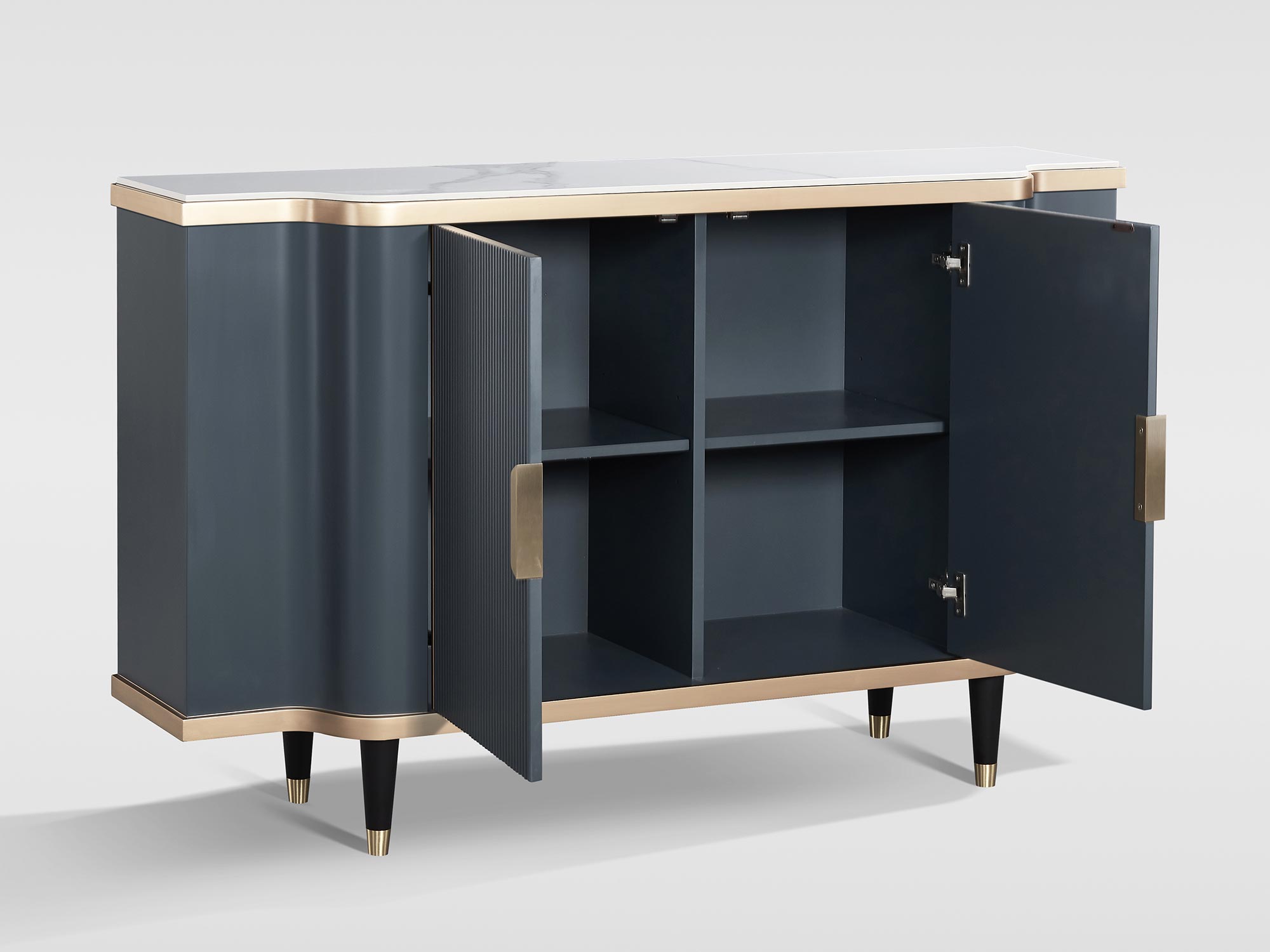 Komoda nowoczesna z grafitowymi frontami i złotymi nogami