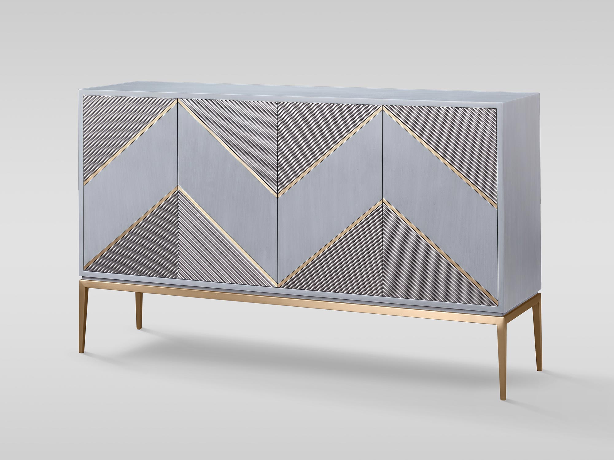 Nowoczesna komoda z ryflowanym drewnem i złotymi nogami