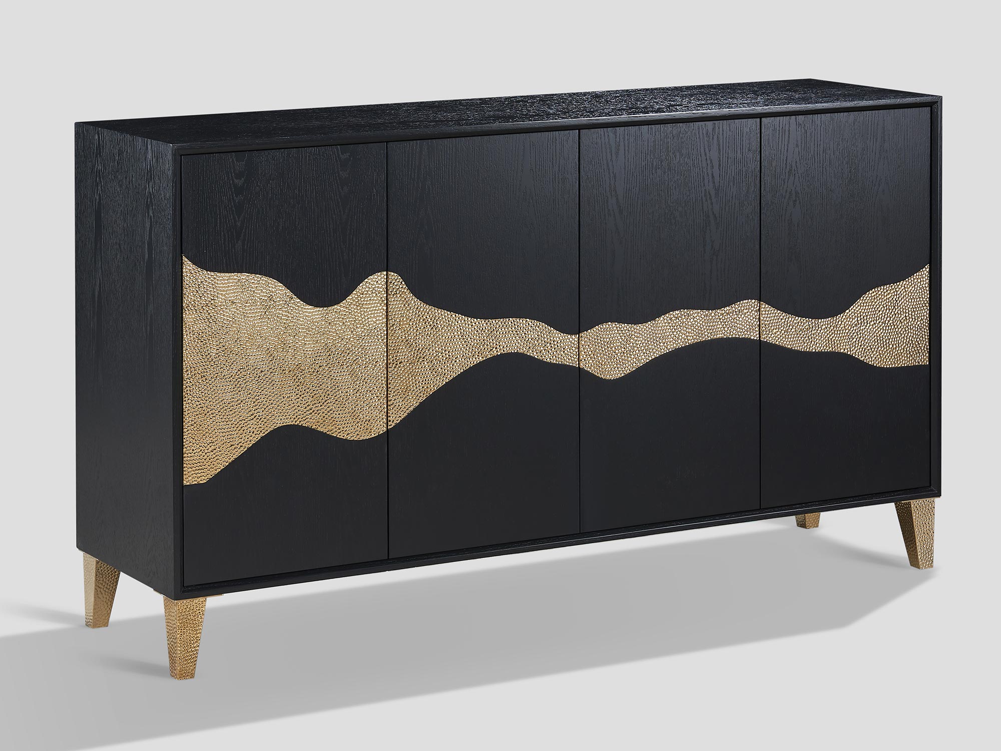 Designerska komoda w czarno-złotym kolorze z geometrycznym frontem