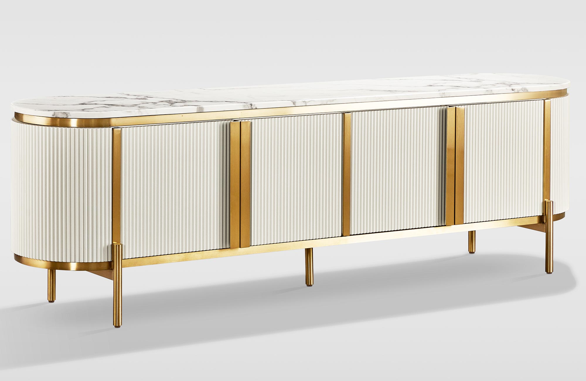 Drewniana komoda RTV z marmurowym blatem i złotymi nóżkami