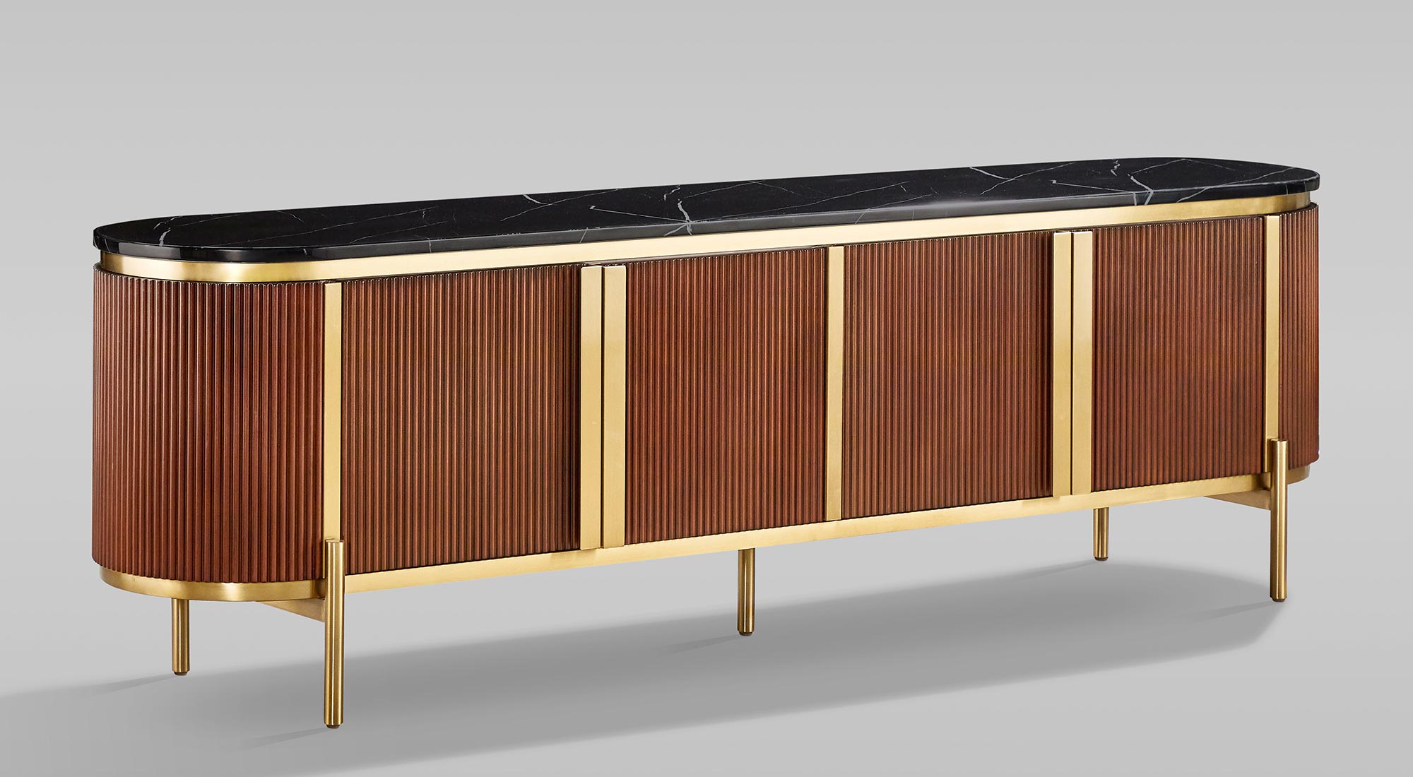Komoda RTV z czarnym blatem i złotymi elementami