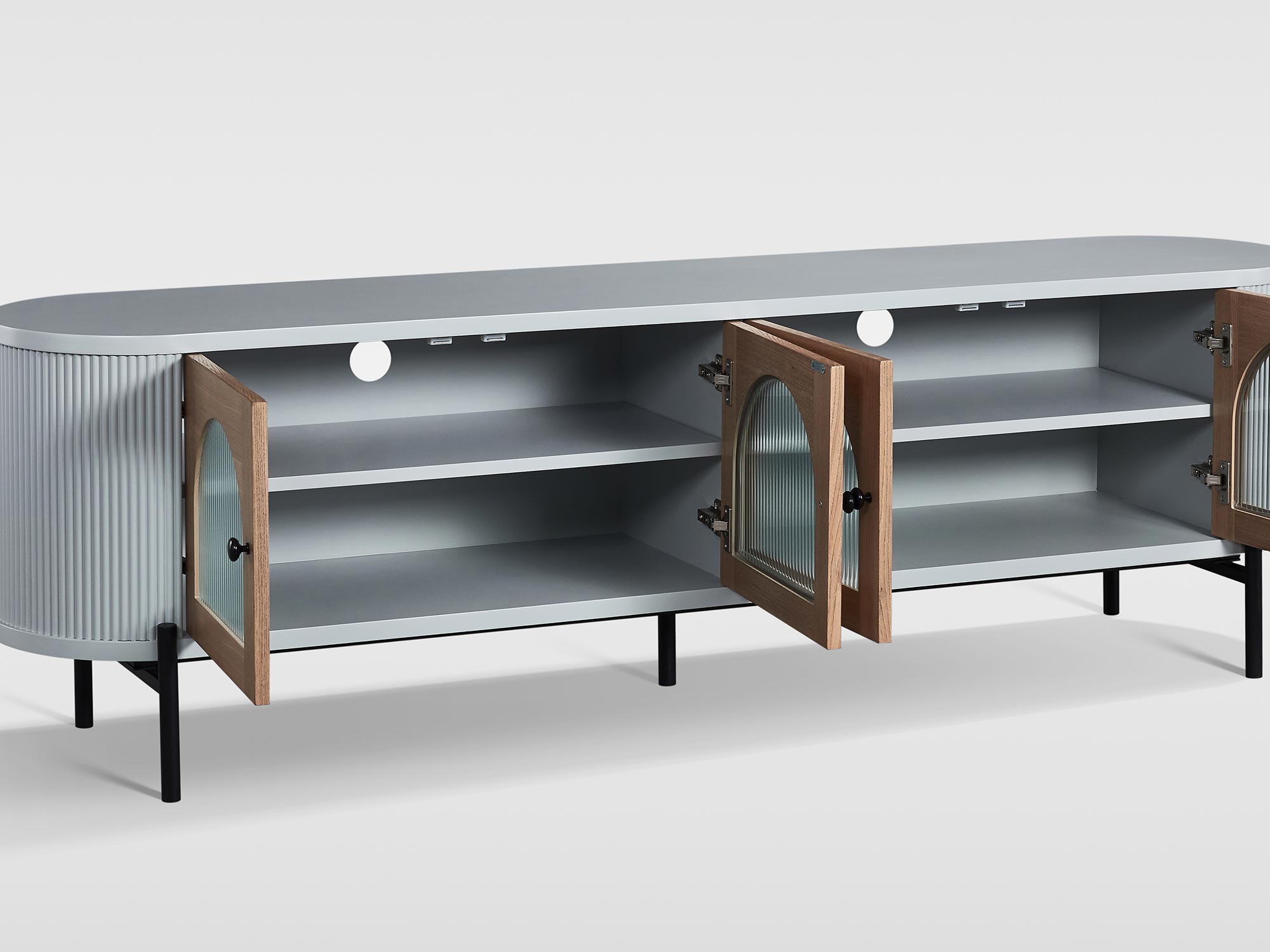 Szafka RTV z łukowymi przeszklonymi drzwiami w stylu retro