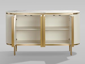 Miniaturka 1 - Designerska biała szafka z marmurowym blatem i złotą podstawą