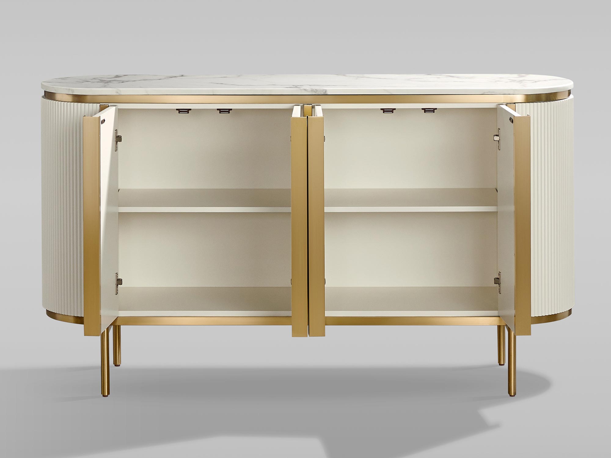 Designerska biała szafka z marmurowym blatem i złotą podstawą