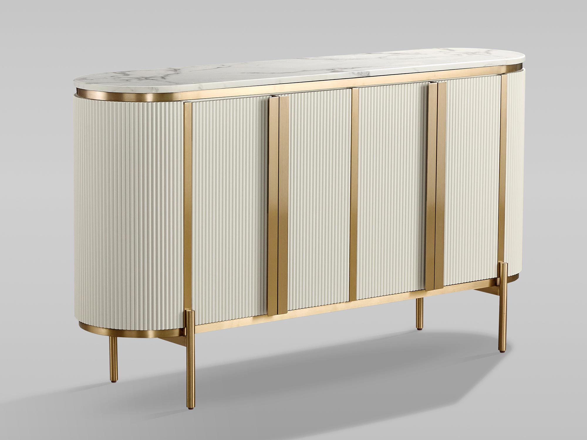 Komoda z ryflowanymi, białymi drzwiczkami i złotym stelażem