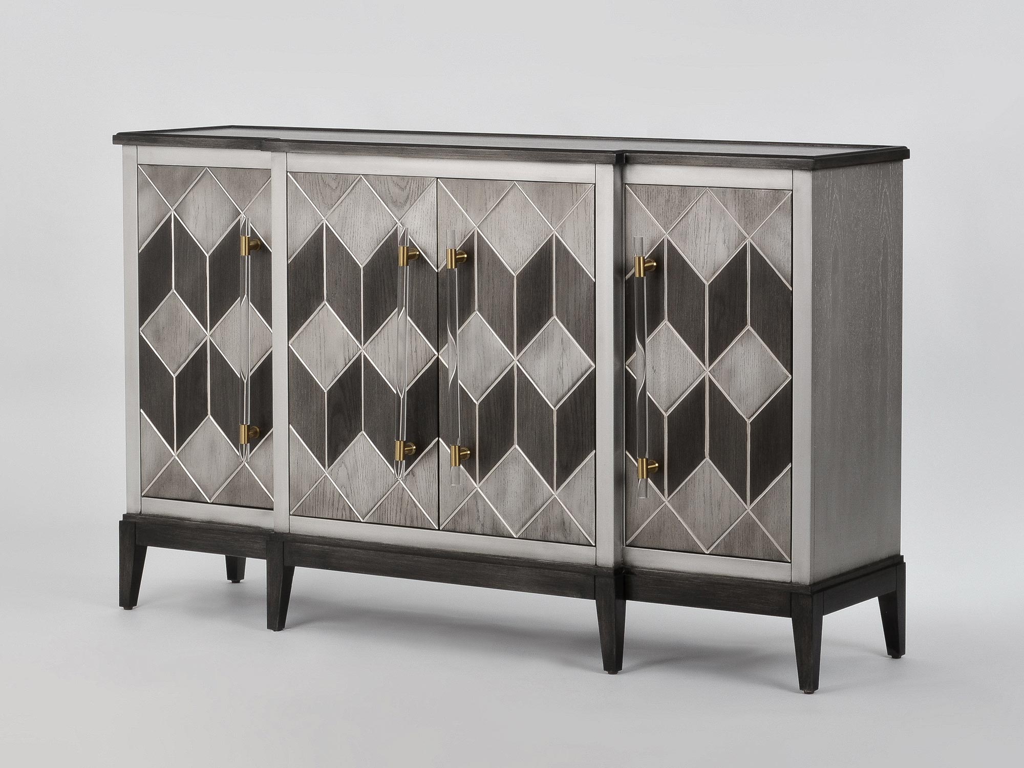 Oryginalna komoda w kolorze szarym z prostymi złotymi uchwytami