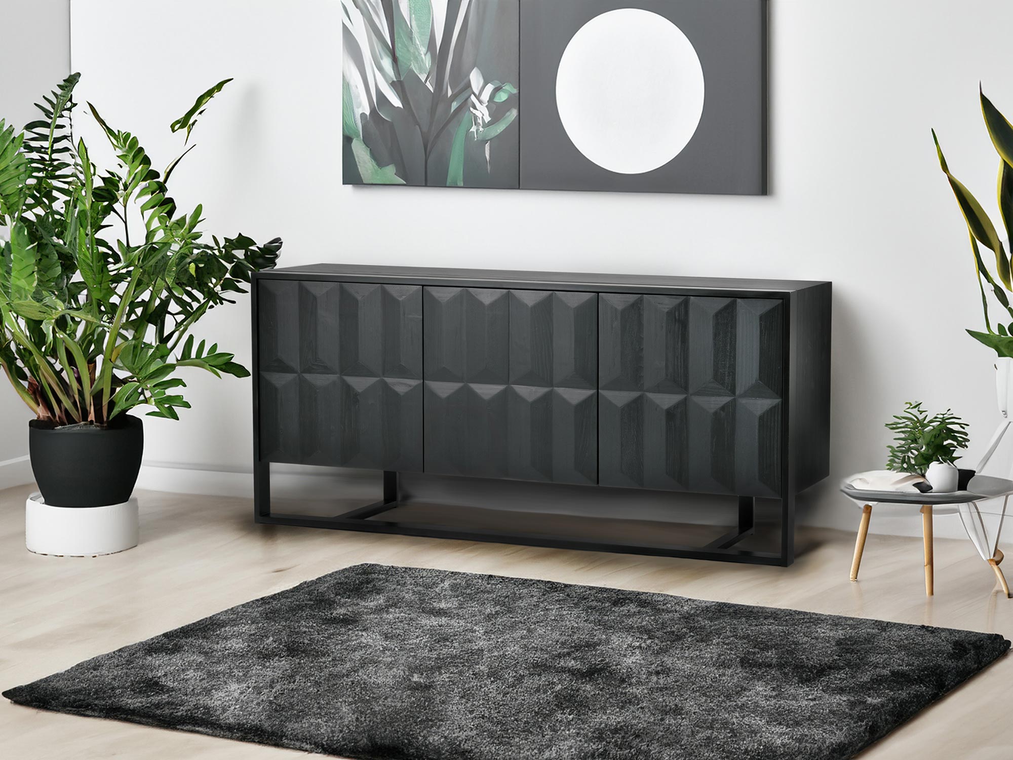 Designerska komoda z czarnym frontem o wypukłych segmentach