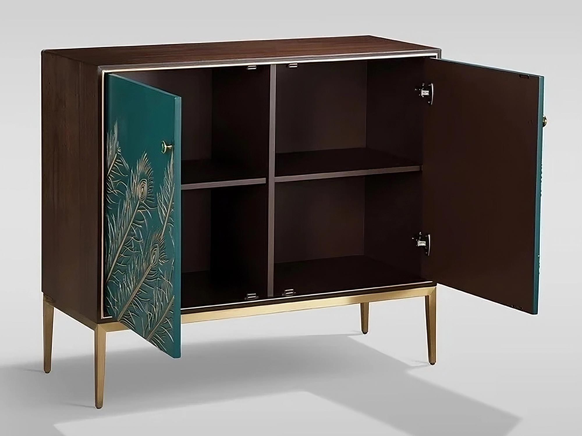 Oryginalna komoda w kolorze orzechowym z turkusowym frontem ze złotymi akcentami