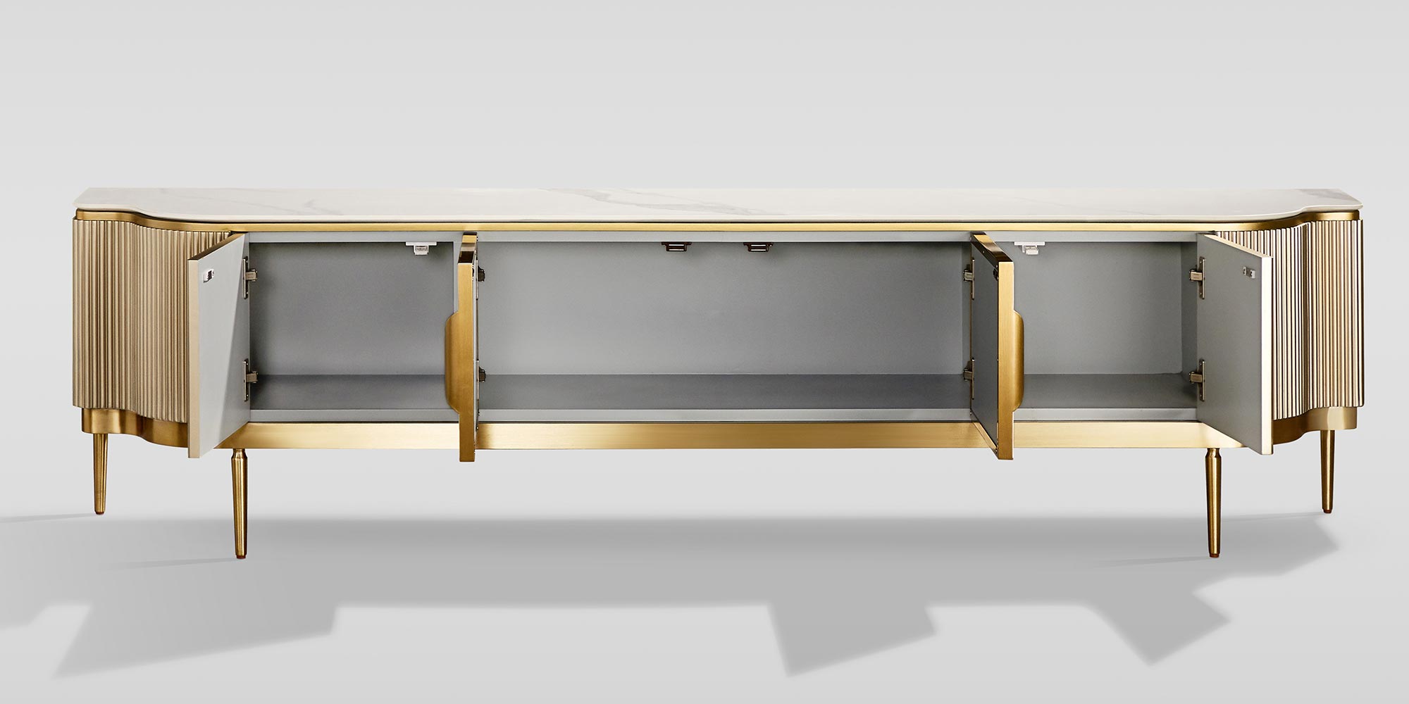 Prestiżowa komoda RTV w złotym wykończeniu z marmurowym blatem
