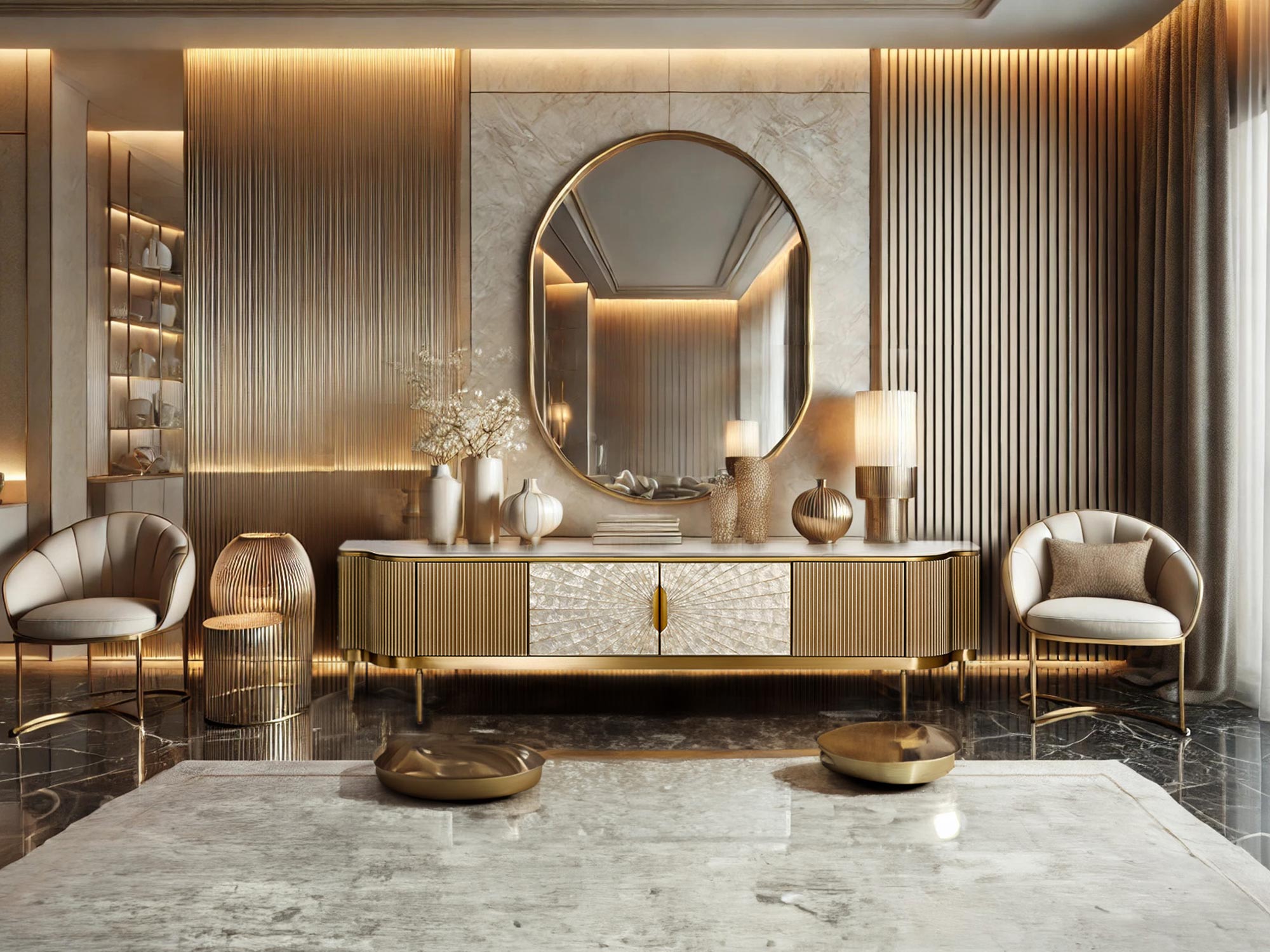 Elegancka aranżacja wnętrza z komodą beżową z marmurowym blatem