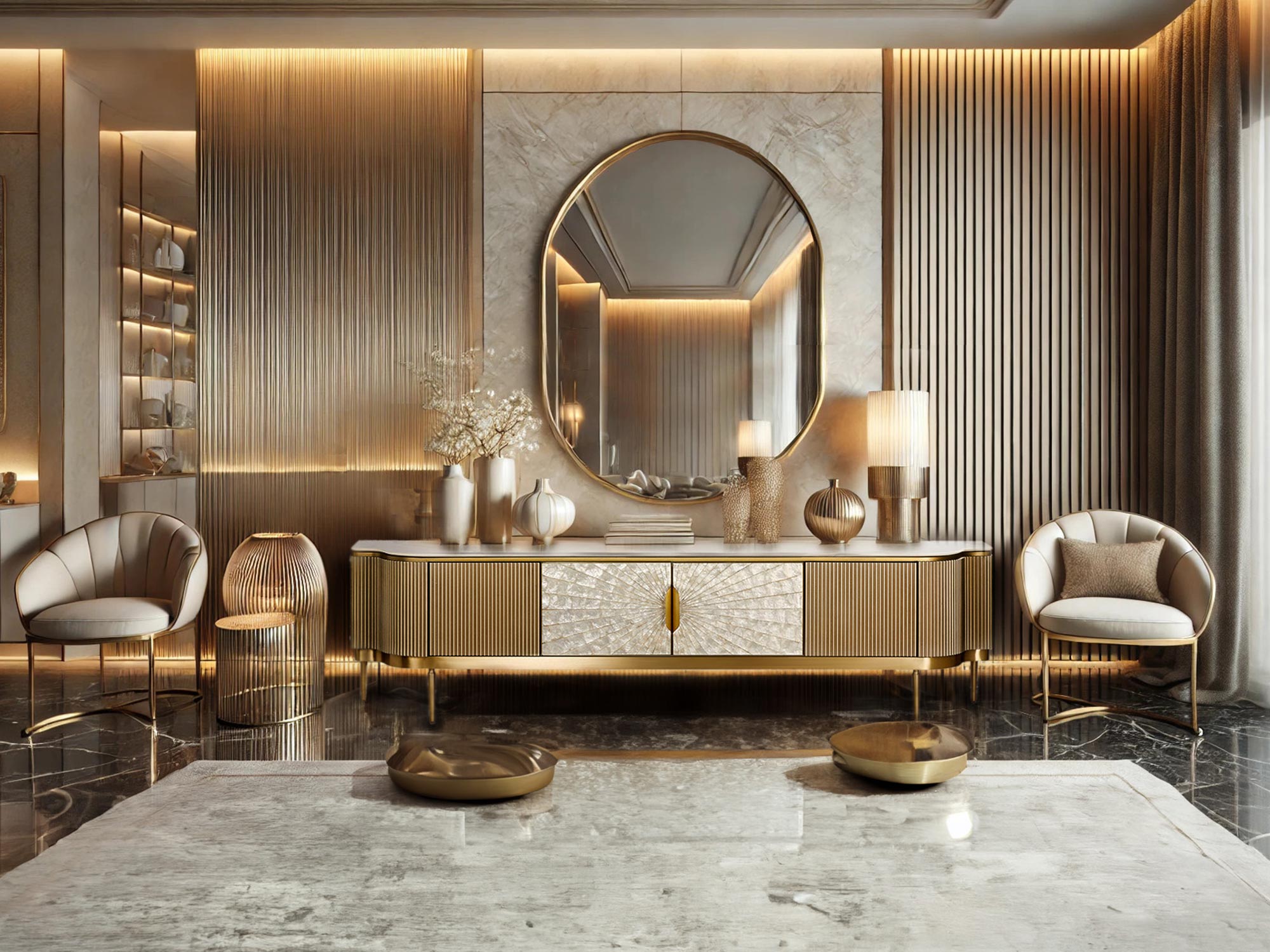 Luksusowa aranżacja salony w stylu glamour z elegancką komodą RTV