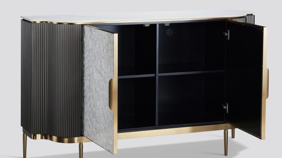 Miniaturka 2 - Oryginalna komoda w kolorze grafitowym z muszlą morską i złotymi detalami