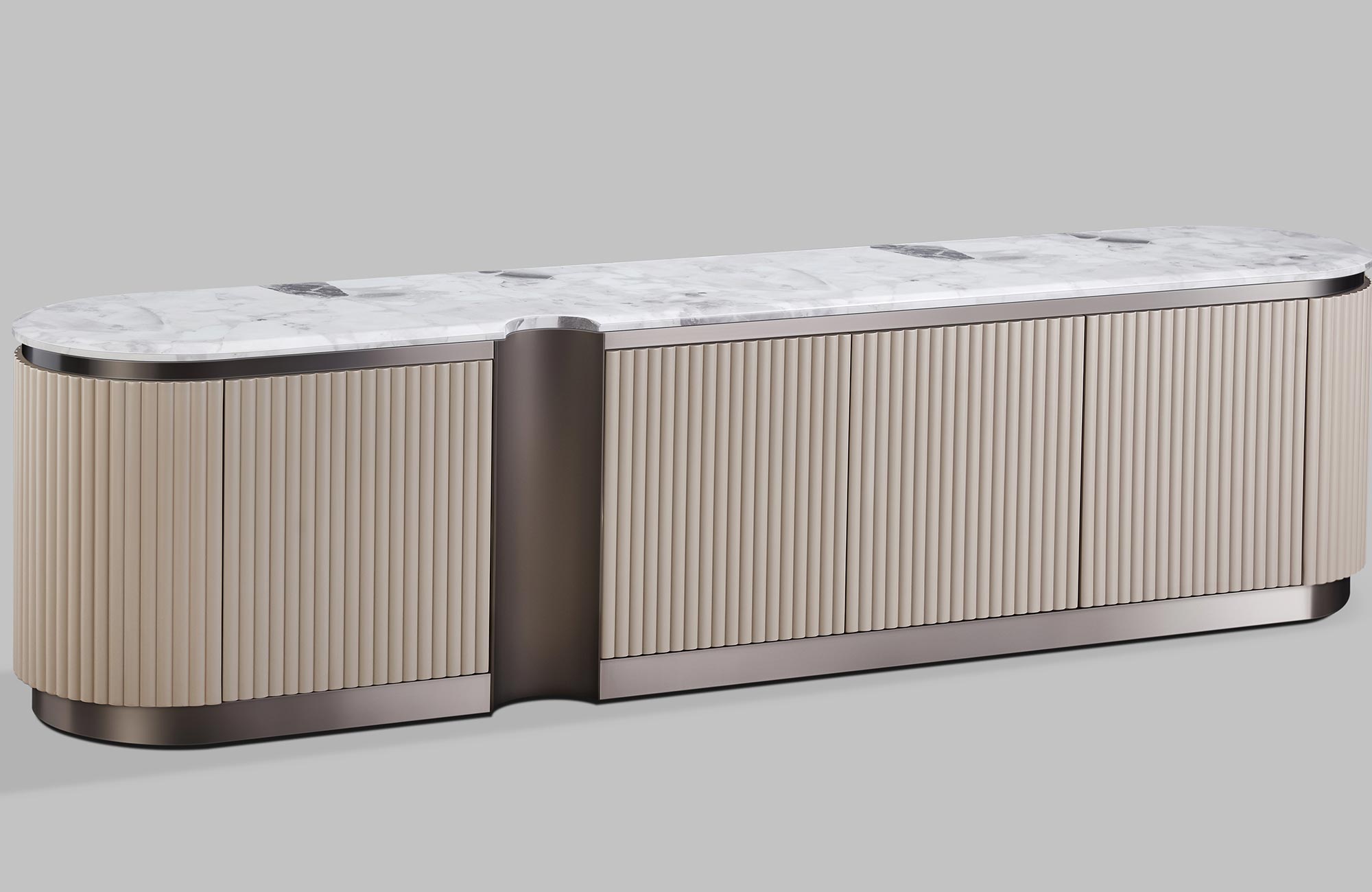 Nowoczesna komoda RTV beżowa z ryflowanymi frontami