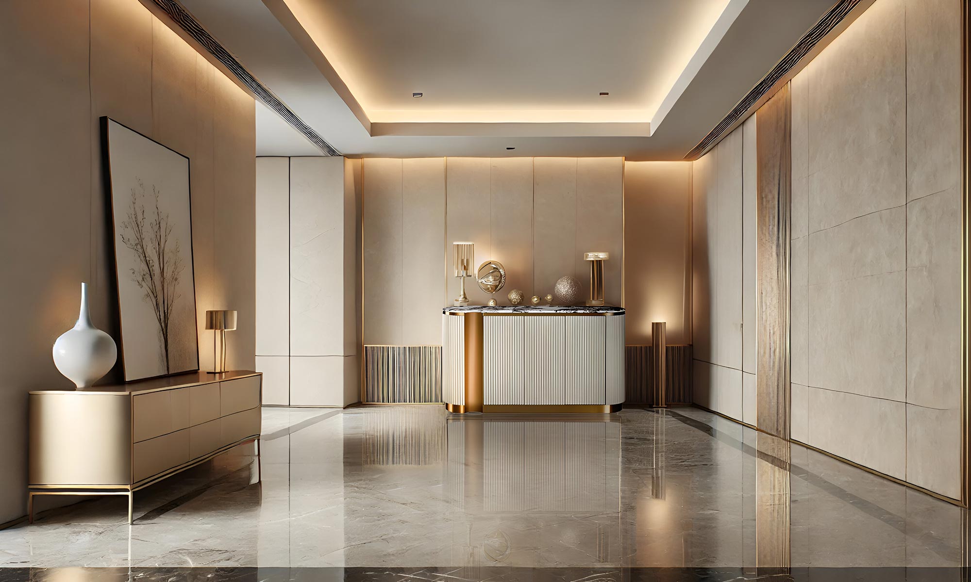 Luksusowa komoda do salonu z marmurowym blatem i złotymi detalami