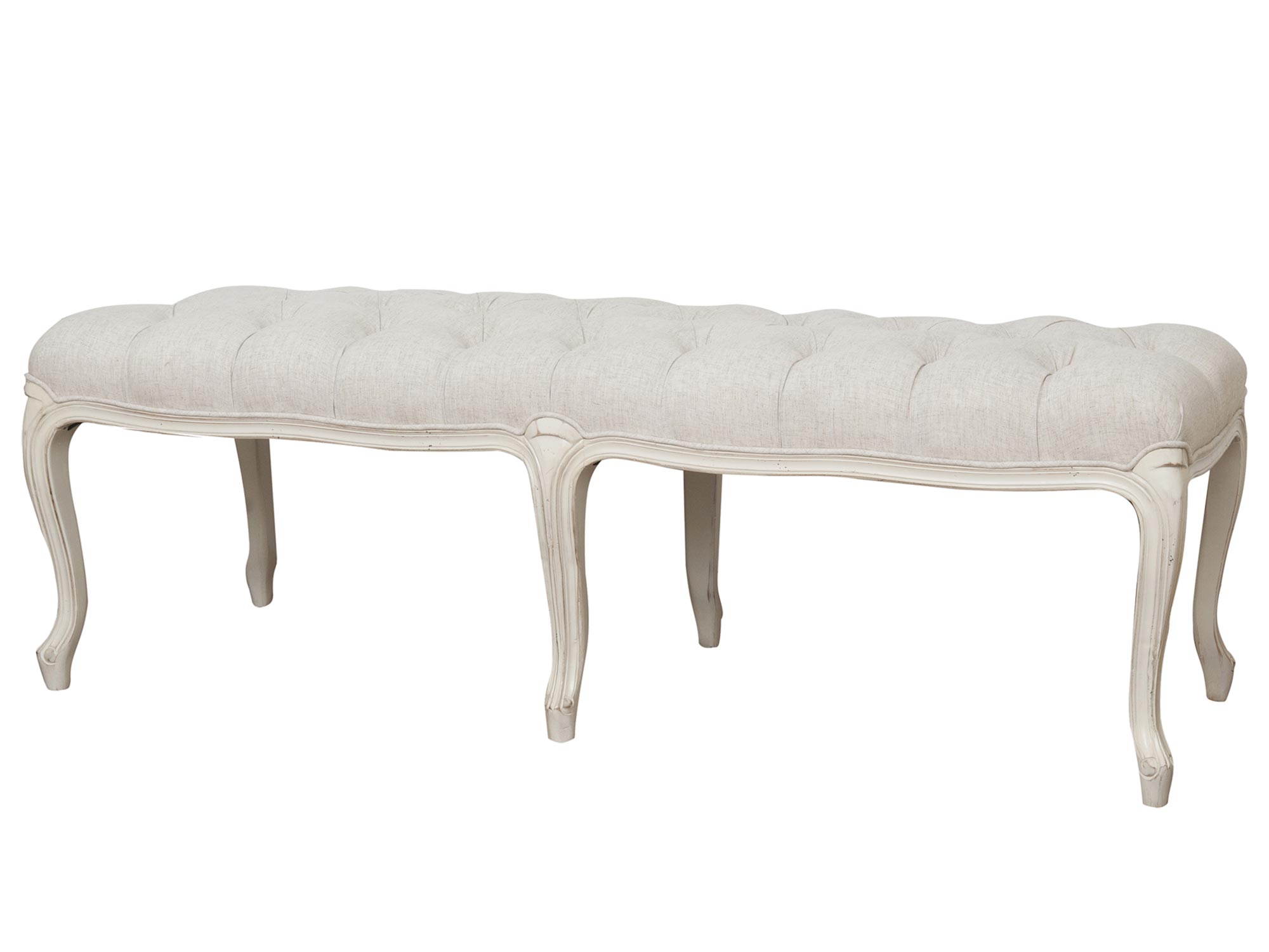 Tapicerowana ławka z dekoracyjnymi nogami w stylu prowansalskim kolor biały Tapicerowana ławka z dekoracyjnymi nogami w stylu prowansalskim kolor biały