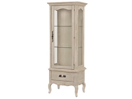 Elegancka witryna drewniana w kolorze jasnobeżowym na frezowanych nogach