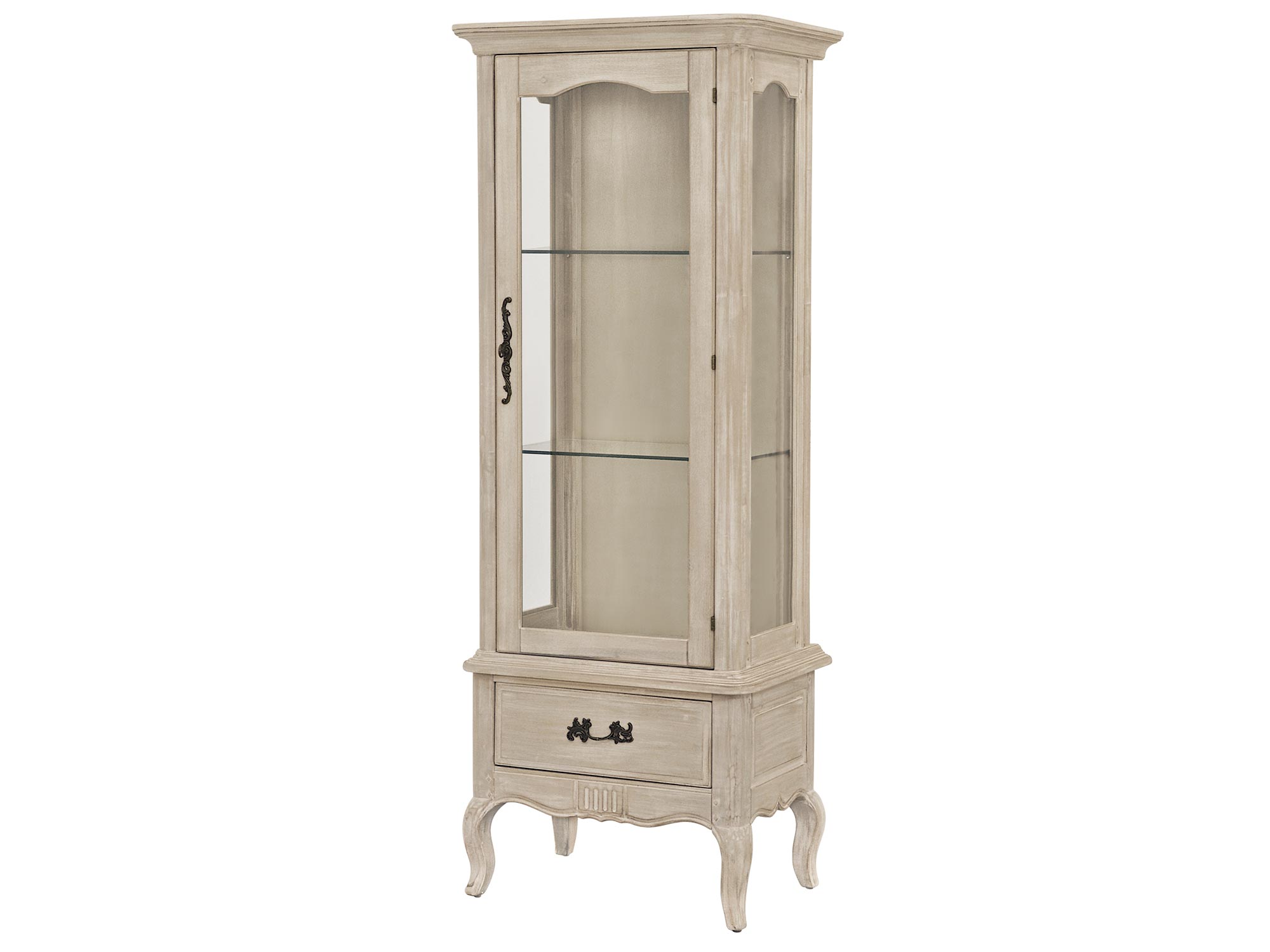 Elegancka witryna drewniana w kolorze jasnobeżowym na frezowanych nogach