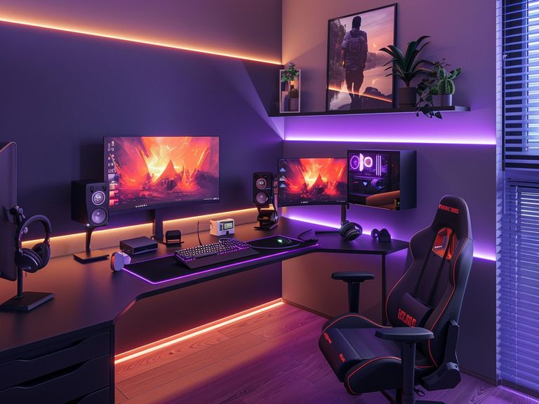 Nowoczesne biuro gamingowe z podświetleniem LED, biurkami i fotelami gamingowymi