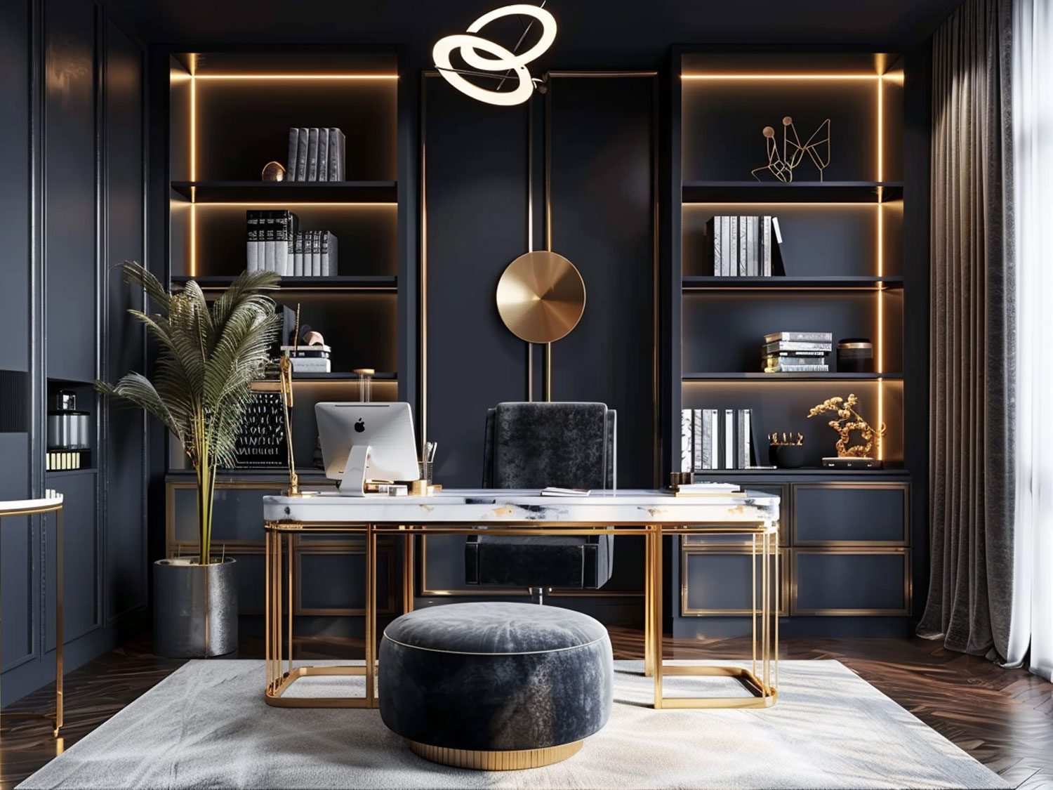 Glamour biuro z czarnymi półkami, złotymi akcentami i eleganckim wystrojem