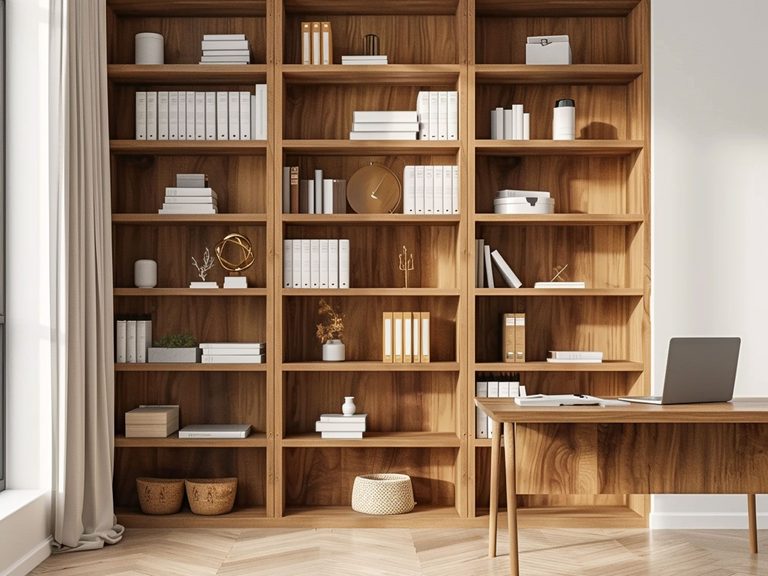 Skandynawski salon z dużym regałem, drewnianymi półkami i jasną aranżacją