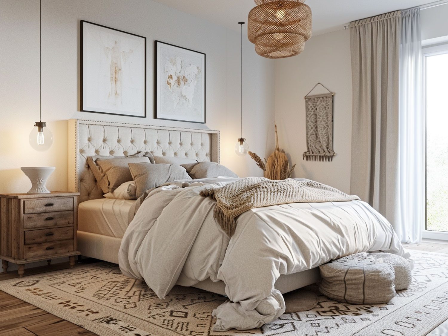 Skandynawska sypialnia z jasnym łóżkiem, dekoracyjnymi poduszkami i ciepłym światłem