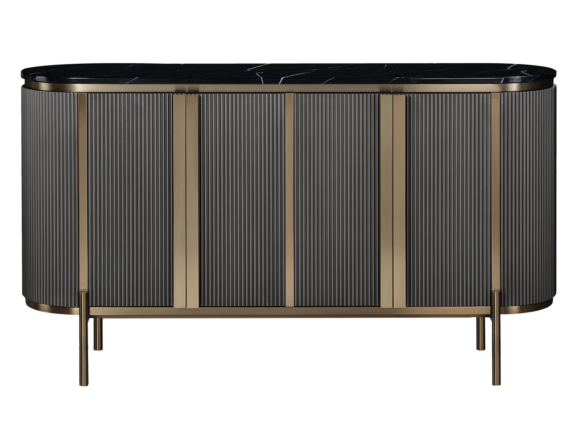 Grafitowa komoda z ryflowanym frontem i cienkimi złotymi nogami