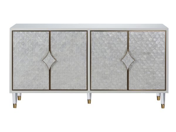 Komoda z eleganckimi čely z naturalnej muszli na eleganckich bílo-zlatých nožkách