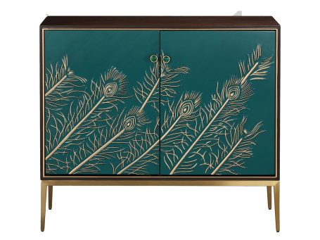 Komoda orzechowa z zielonymi drzwiami ozdobionymi roślinnym wzorem i złotym stelażem