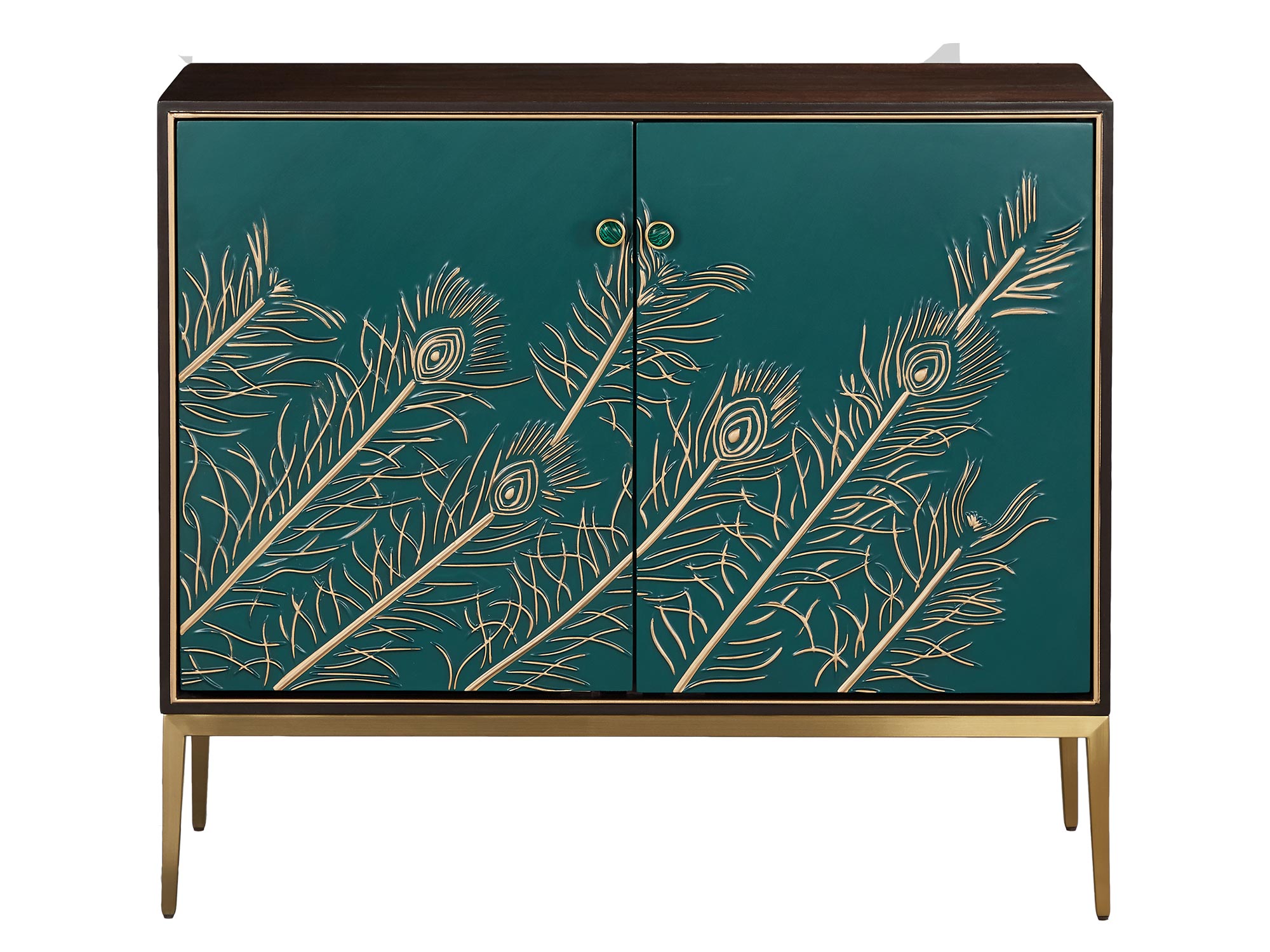 Komoda orzechowa z zielonymi drzwiami ozdobionymi roślinnym wzorem i złotym stelażem