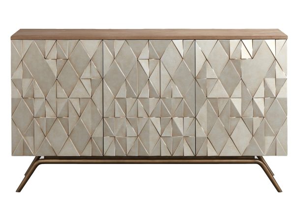 Designová komoda s geometrycznymi čely v odstínech šampaňského zlata
