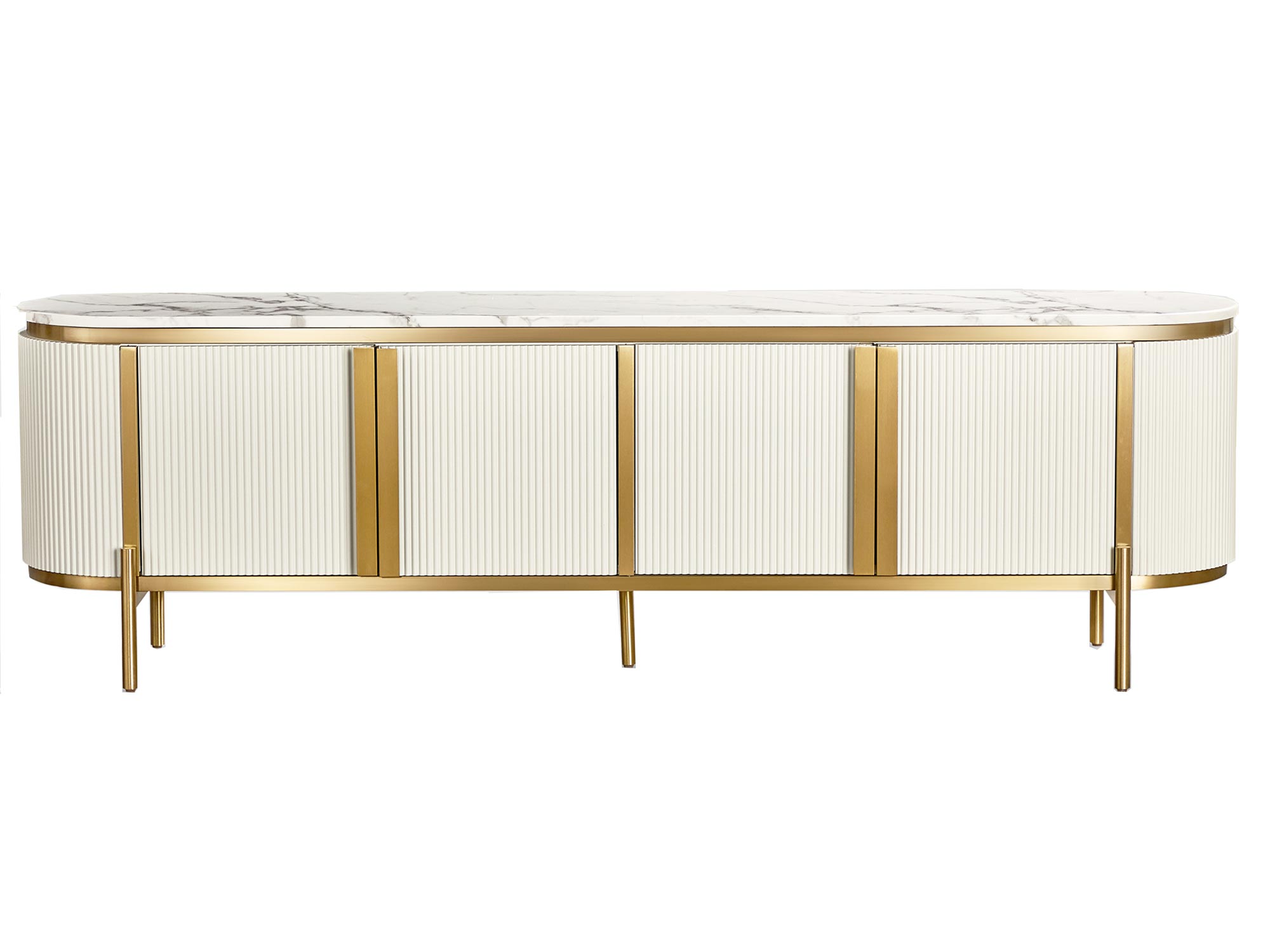 Biała ryflowana komoda RTV z cienką złotą ramą i nowoczesnym stylem