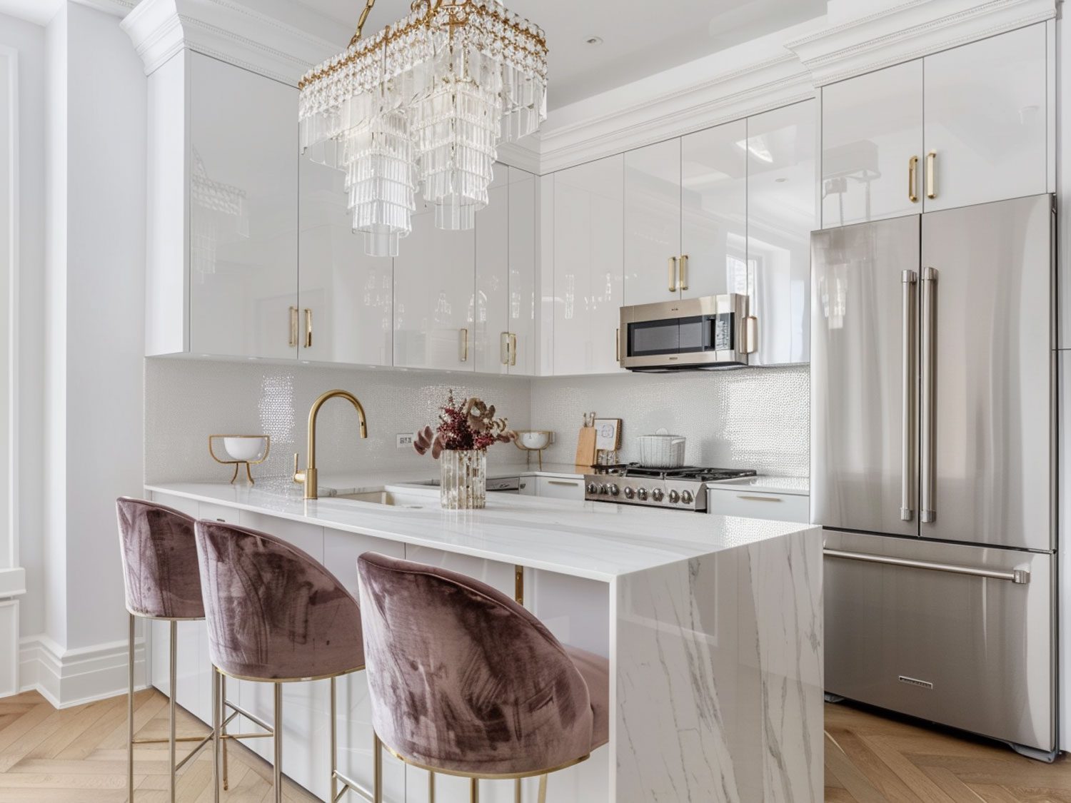 Nowoczesna kuchnia z białą marmurową wyspą i aksamitnymi hokerami