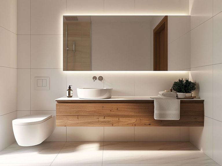 Nowoczesna łazienka z podświetlanym lustrem, drewnianą szafką i białymi płytkami