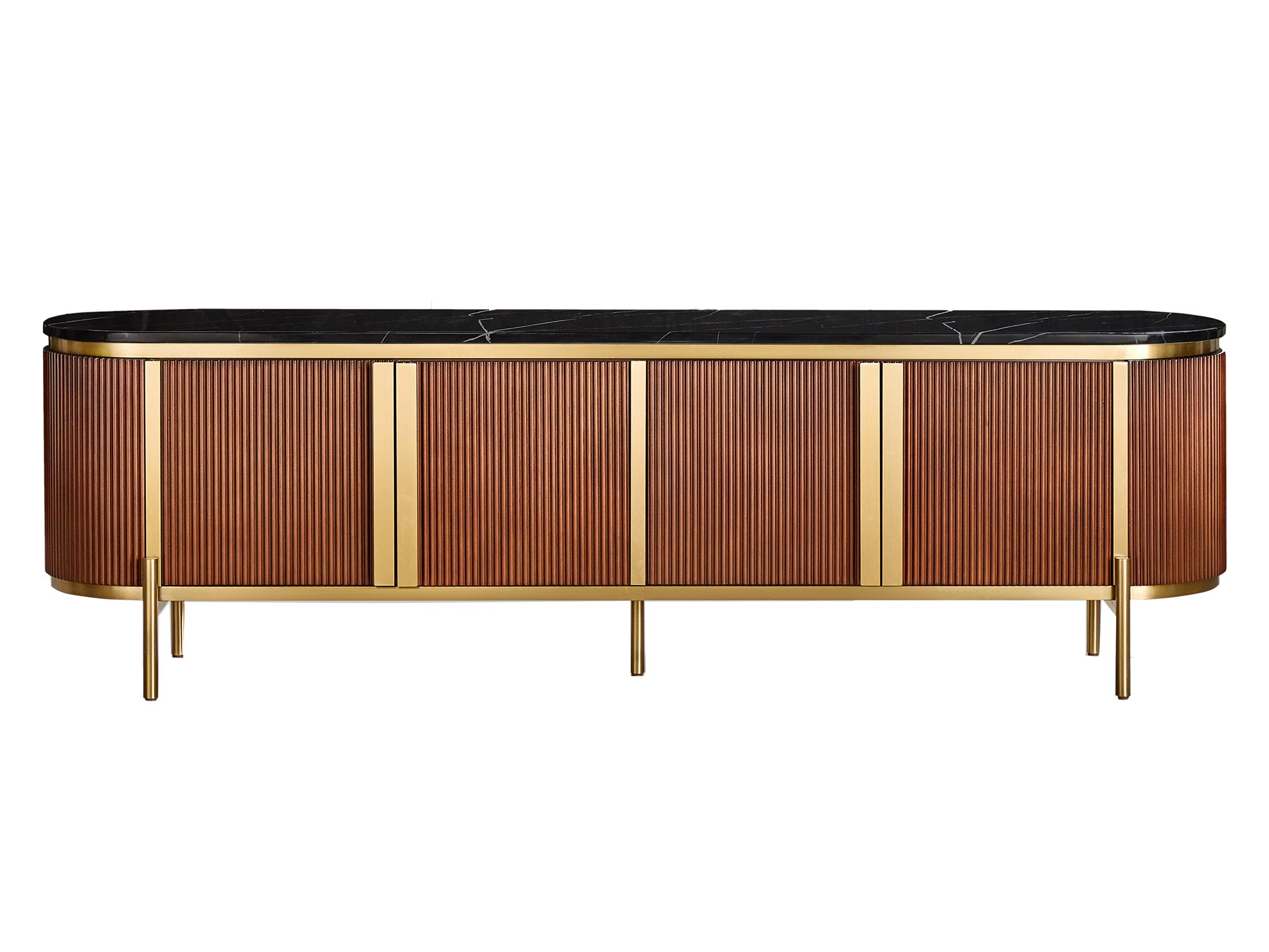 Komoda RTV z kasztanowym ryflowanym frontem i marmurowym blatem