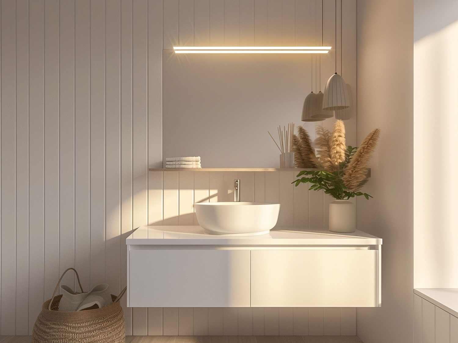 Nowoczesna łazienka z białą umywalką, podświetleniem LED i drewnianymi akcentami
