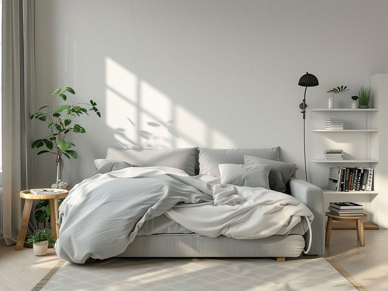 Skandynawska sypialnia z jasnym łóżkiem, roślinami i naturalnym światłem