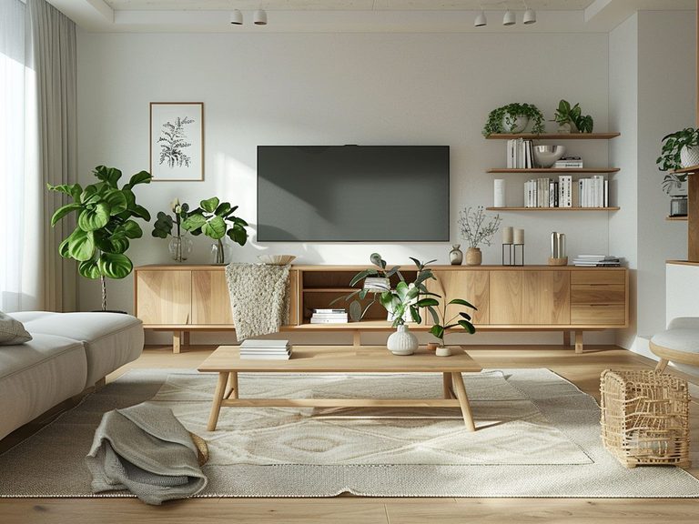 Skandynawski salon z jasnym drewnianym stolikiem, roślinami i minimalistycznym stylem