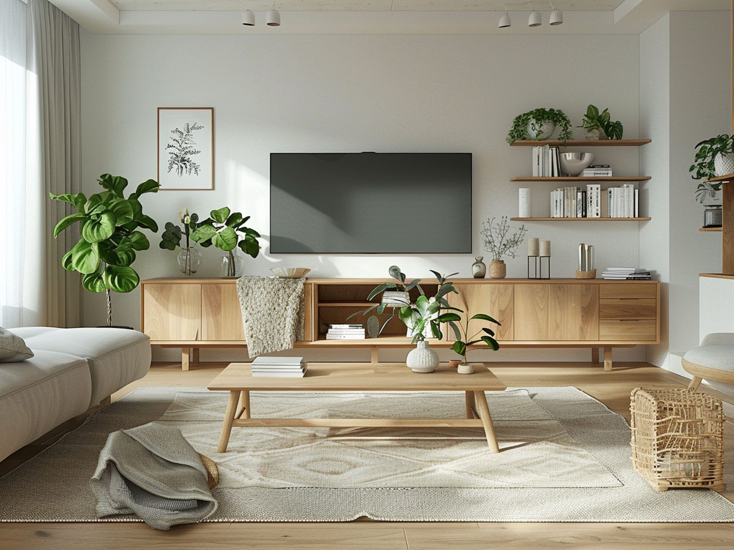 Skandynawski salon z jasnym drewnianym stolikiem, roślinami i minimalistycznym stylem