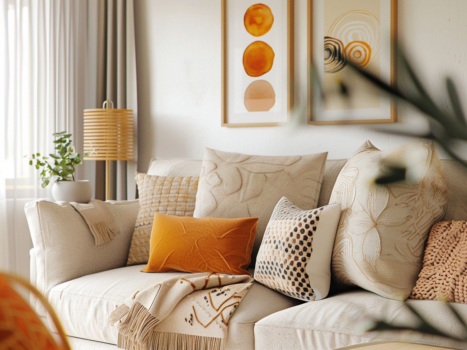 Nowoczesny salon z jasną sofą, musztardowymi poduszkami i naturalnym światłem Nowoczesny salon z jasną sofą, musztardowymi poduszkami i naturalnym światłem