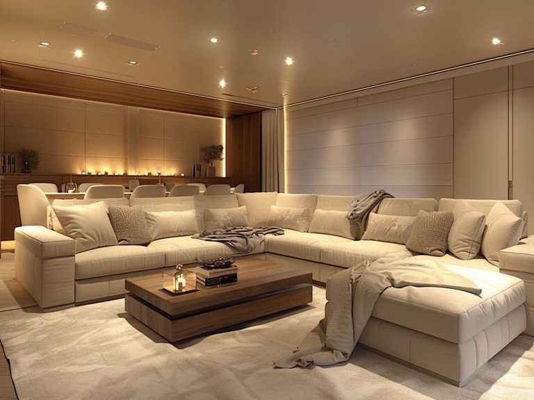 Nowoczesny salon z dużym beżowym narożnikiem i stolikiem kawowym, przestronny salon nowoczesny.