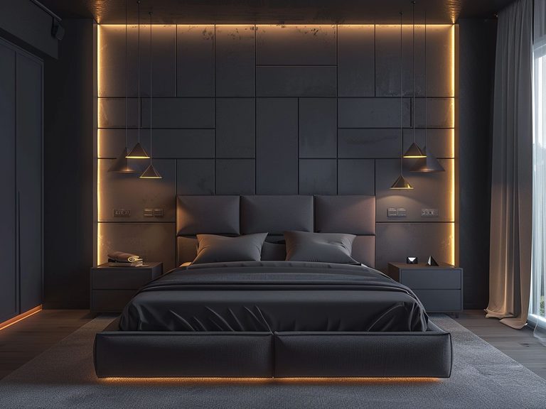 Nowoczesna sypialnia z czarnym łóżkiem, podświetleniem i ciemnymi ścianami