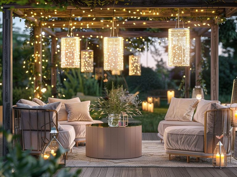 Nowoczesny taras z białymi fotelami, lampkami i roślinnymi dekoracjami