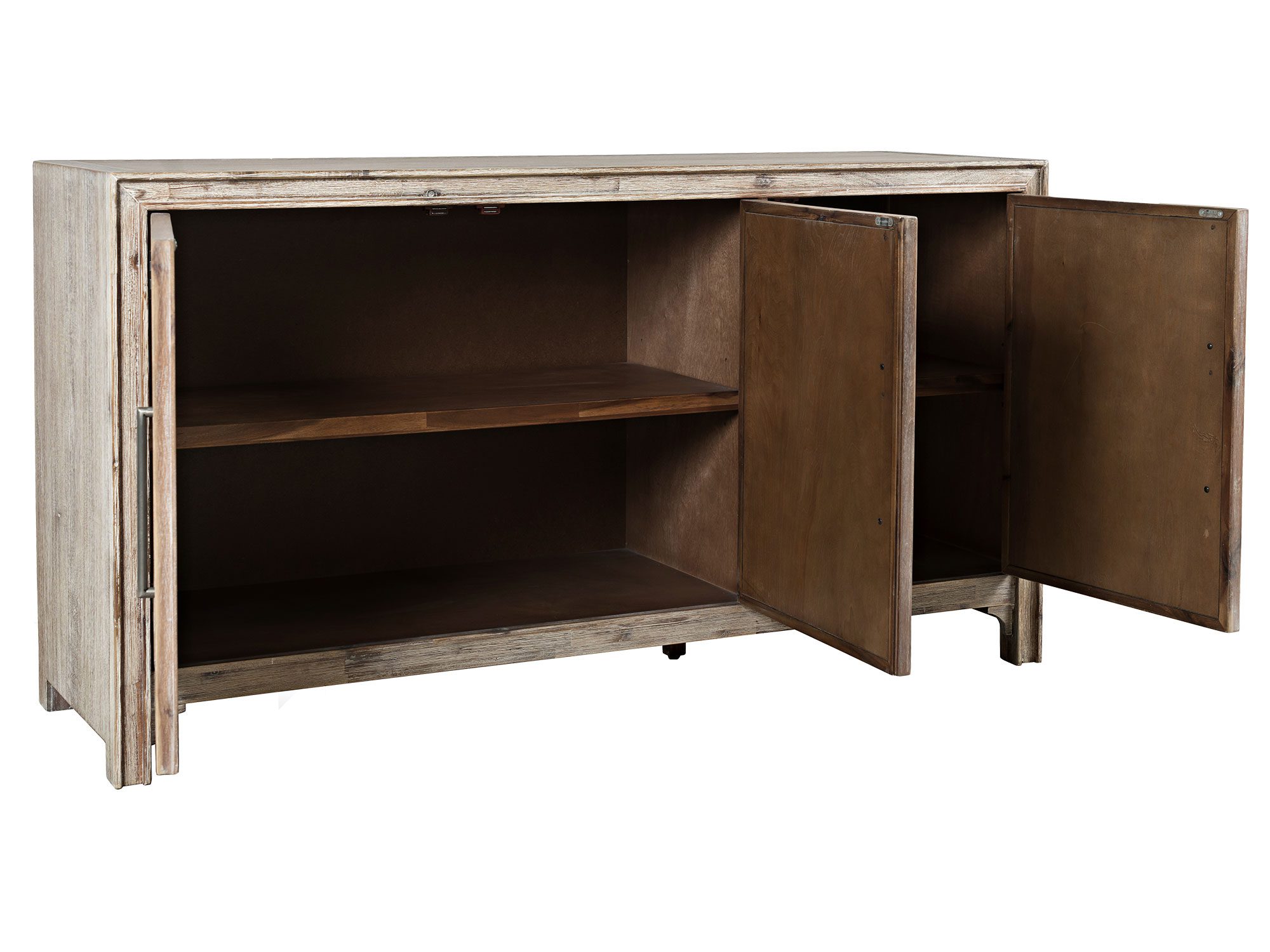 Drewniana komoda w stylu rustykalnym z metalowymi uchwytami