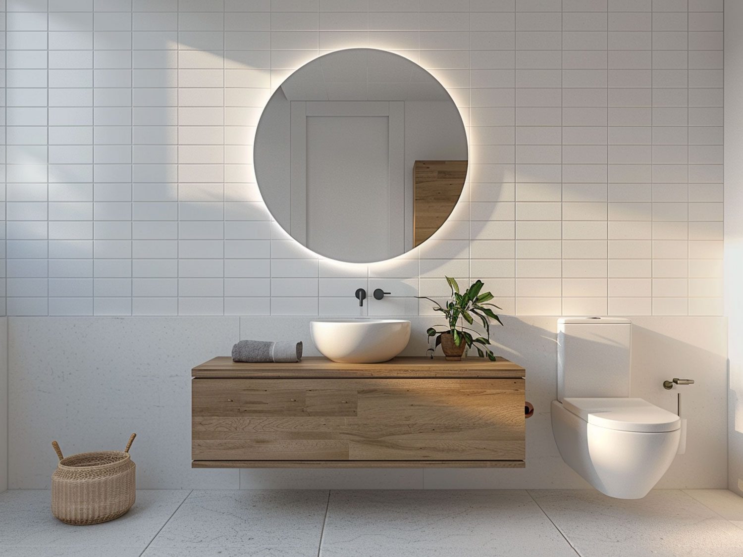 Nowoczesna łazienka z okrągłym lustrem, drewnianą szafką i jasnymi płytkami