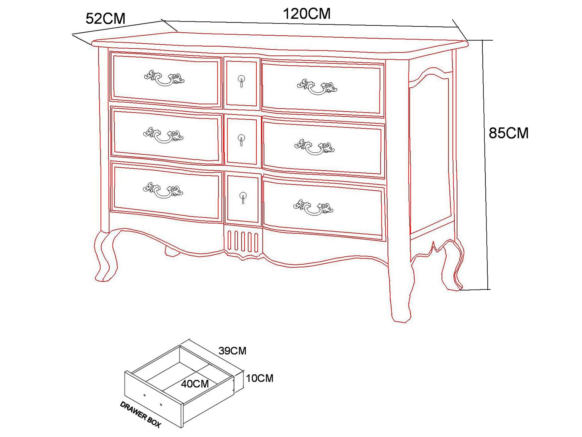 Rysunek techniczny z wymiarami komody drewnianej