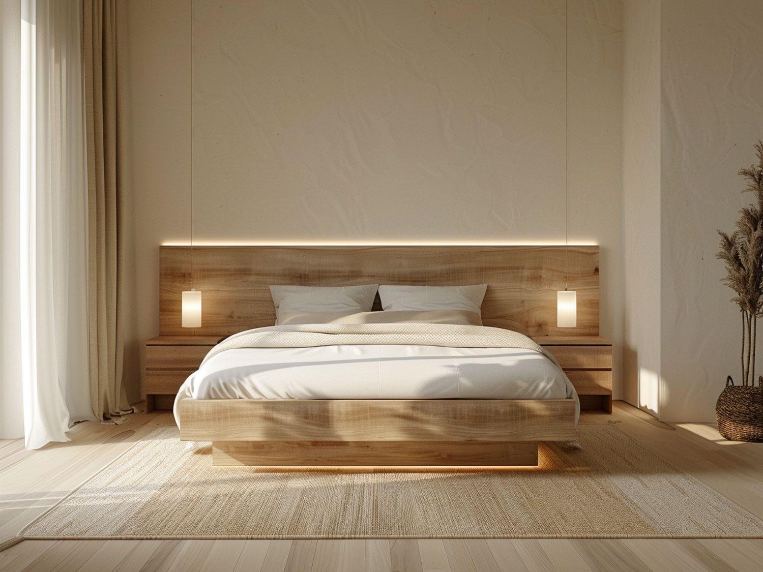 Nowoczesna sypialnia z drewnianym łóżkiem i podświetlanym zagłówkiem