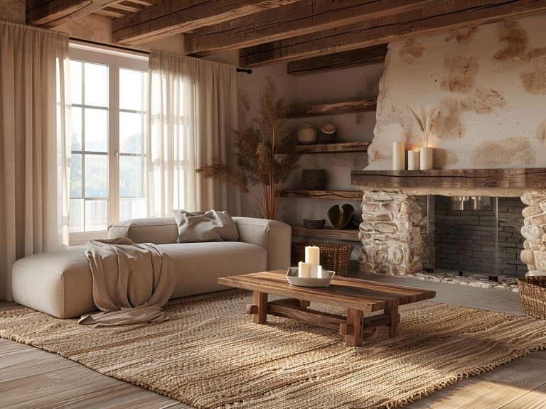 Rustykalny salon z drewnianym stolikiem kawowym, białą sofą i roślinami