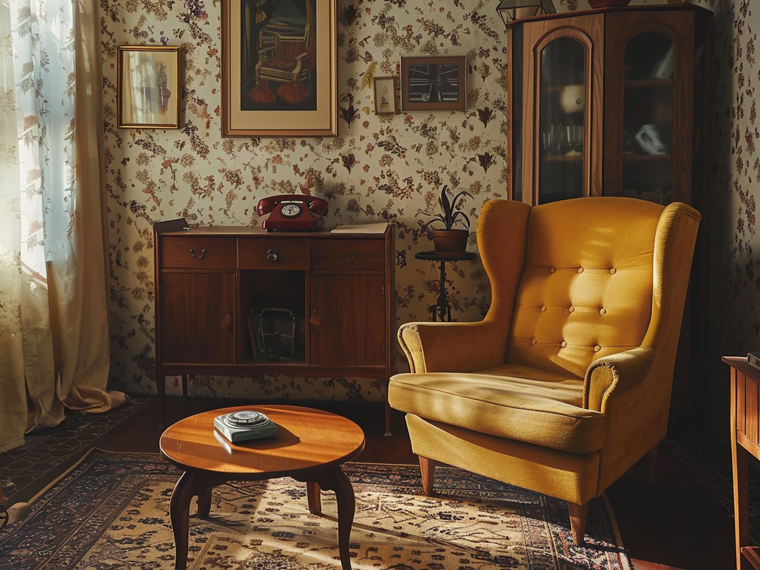 Retro salon z drewnianą komodą, żółtym fotelem i wzorzystą tapetą