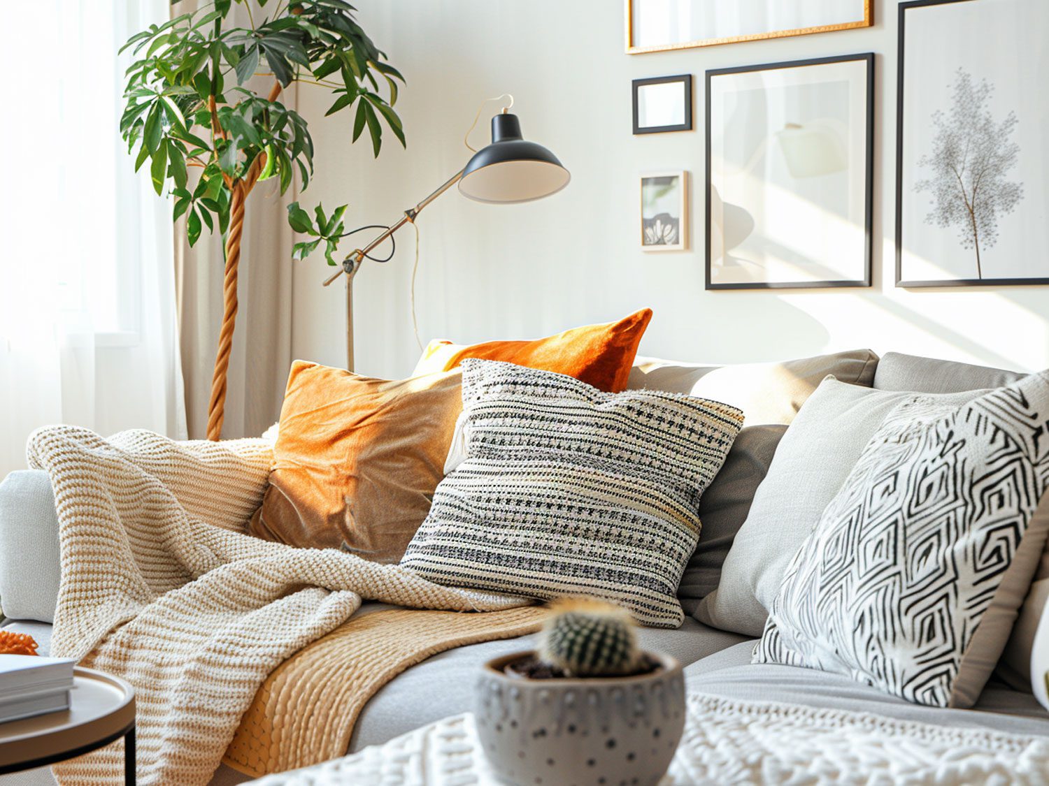Boho salon z beżową sofą, kolorowymi poduszkami i naturalnymi dodatkami Boho salon z beżową sofą, kolorowymi poduszkami i naturalnymi dodatkami